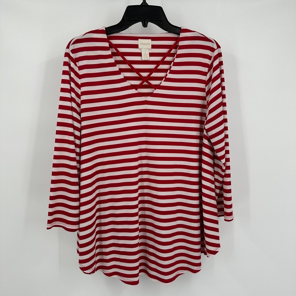 Chicos Womens Nautical Striped Top Size 1 US M Coastal Relaxed Red White‎ Preppy